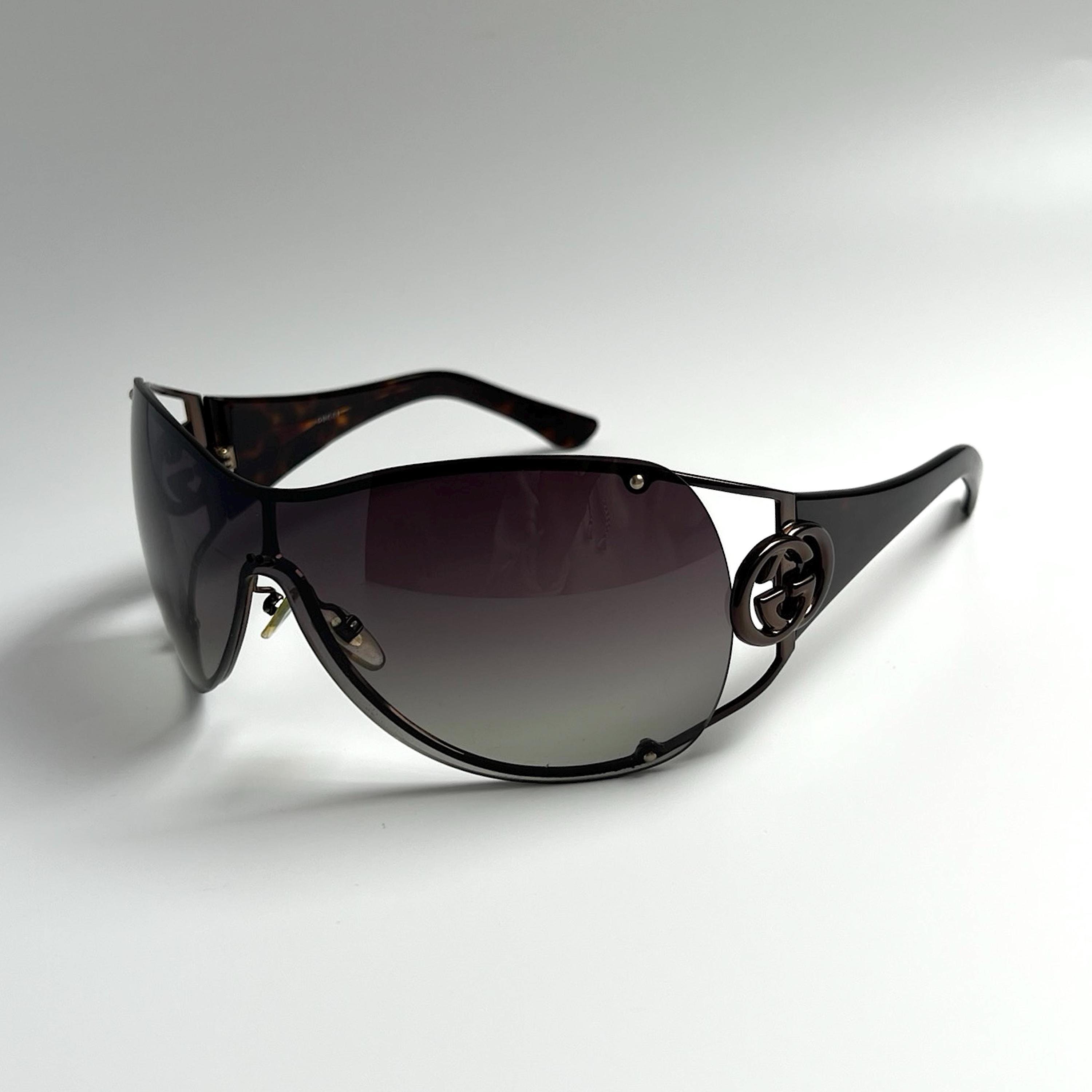 Gucci Oversized Rimless Sunglasses Shield GG 2802 Logo Brown 