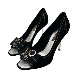 Louis Vuitton Salto Courts 36/3 Logo Pumps Preto Prata Peep Toe Aberto Metal Stiletto Love LV Fivela Vintage Y2K Autêntico Couro Canvas