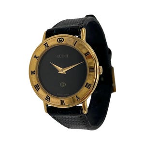 Gucci Watch Gold Black Round GG Logo Monogram 3000L Leather Strap Vintage Y2K 2000s Quartz Authentic