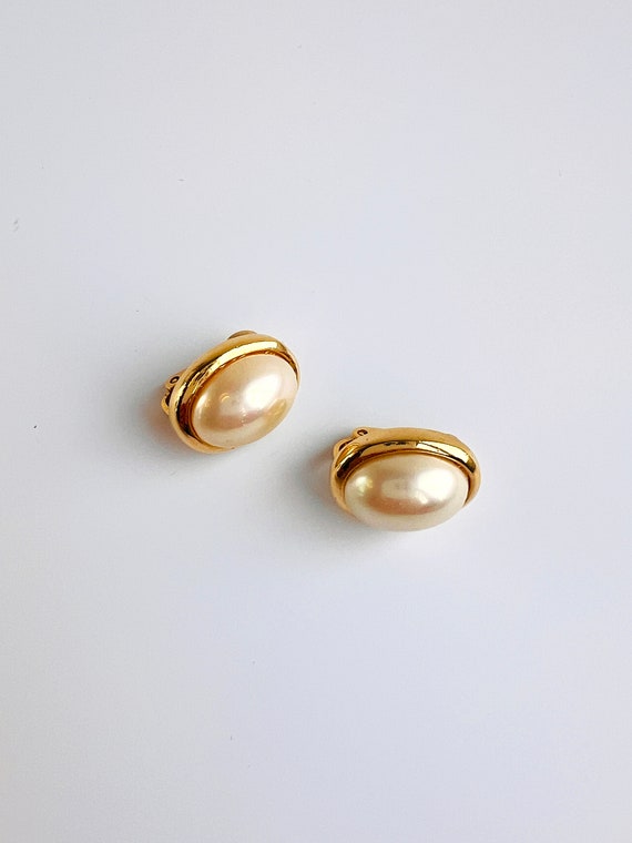 Christian Dior Earrings Pearl Gold Vintage Oval C… - image 2