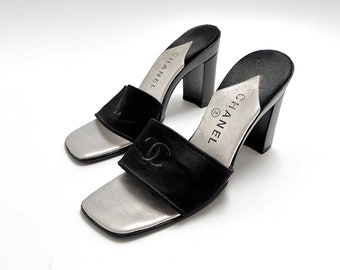 Chanel Heels Mules CC Logo Black Satin Silver Leather Vintage Open Toe Block Heel Monogram Authentic EU 38 UK 5