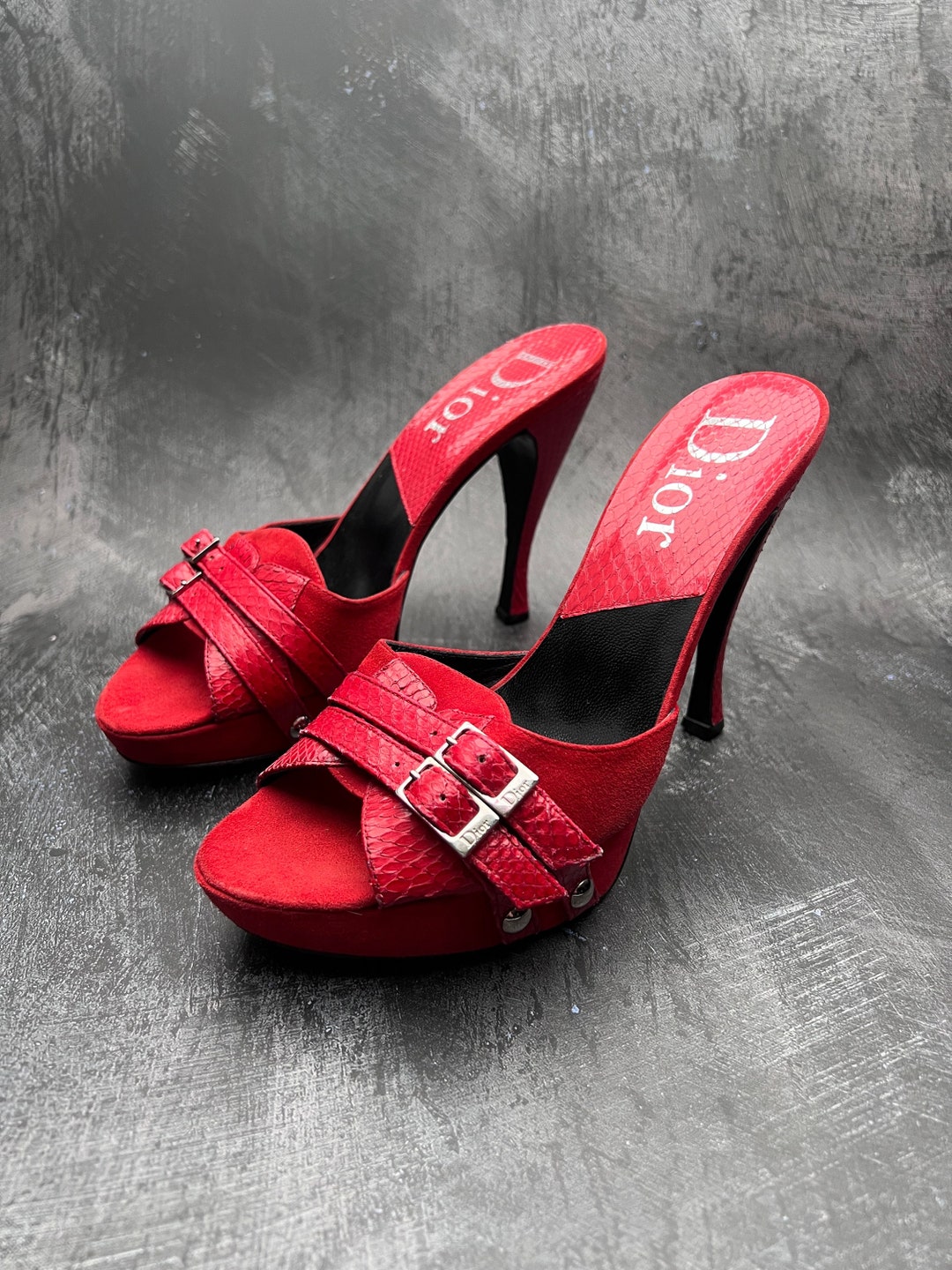 Christian Dior Platform Heels 38 / 5 Authentic Red Python Snakeskin ...