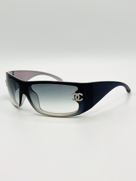 Chanel Sunglasses Shield Wrap Visor Blue Silver Ti