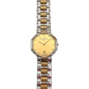 Christian Dior Watch Gold Silver Wristwatch Octagonal Dial Two Tone Bracelet Stainless Steel Metal Vintage 1990s Authentic Ladies