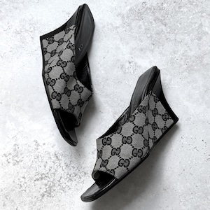 Gucci Mule Wedges Heels GG Monogram Authentic Black Grey Canvas Logo Open Toe Sandals Vintage Y2K 2000s EU 36 UK 3