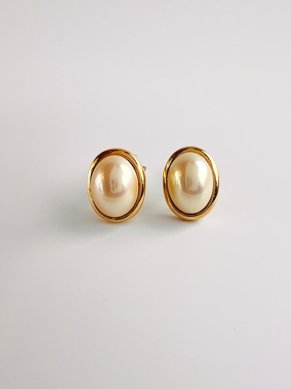 Christian Dior Earrings Pearl Gold Vintage Oval C… - image 3