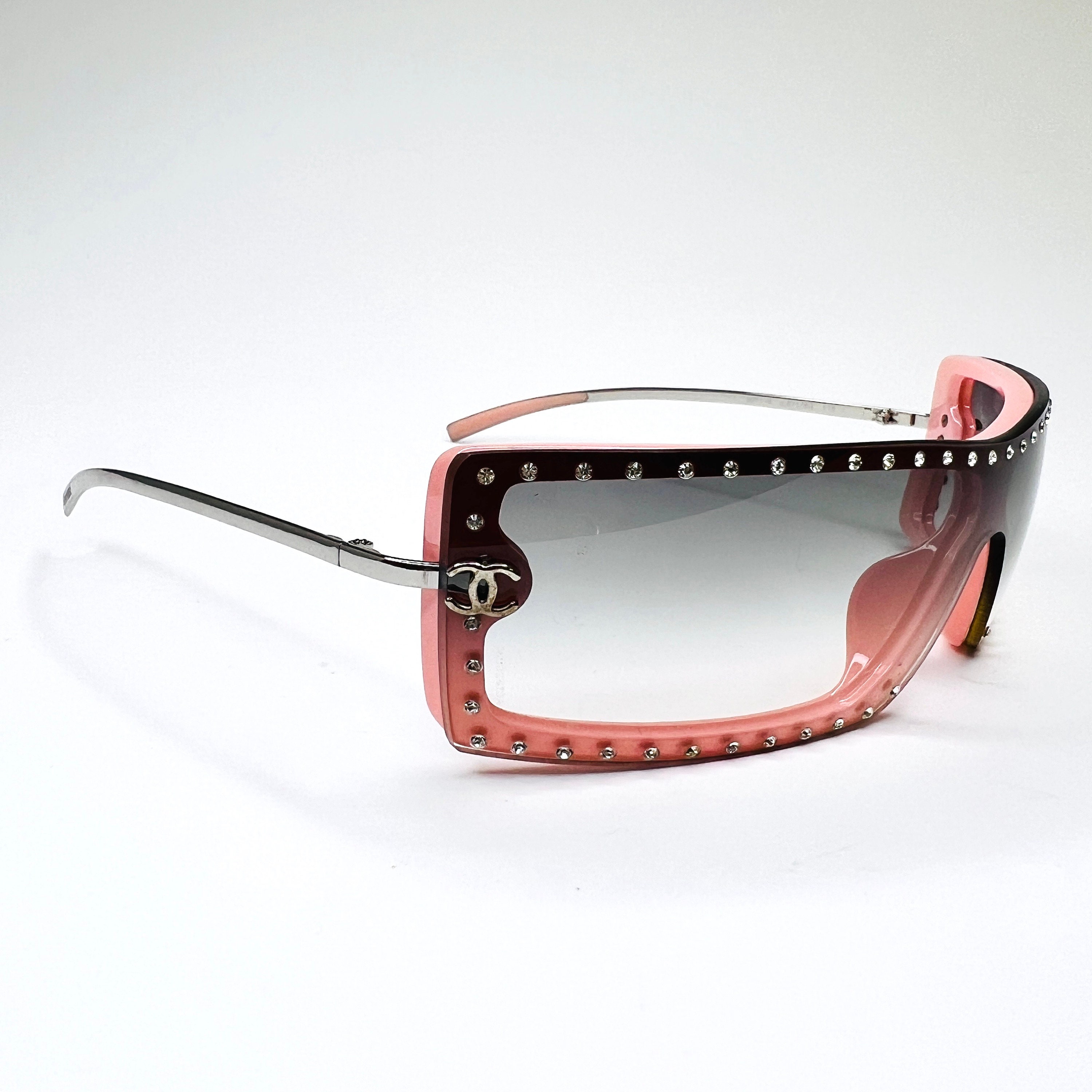 Chanel Sunglasses Shield Crystal Visor Pink Grey 5077-B 