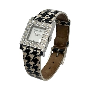 Christian Dior Watch Silver Logo Houndstooth Dogtooth Leather Strap Black and White Square Beaded D60-100 Vintage Y2K 2000s Authentic