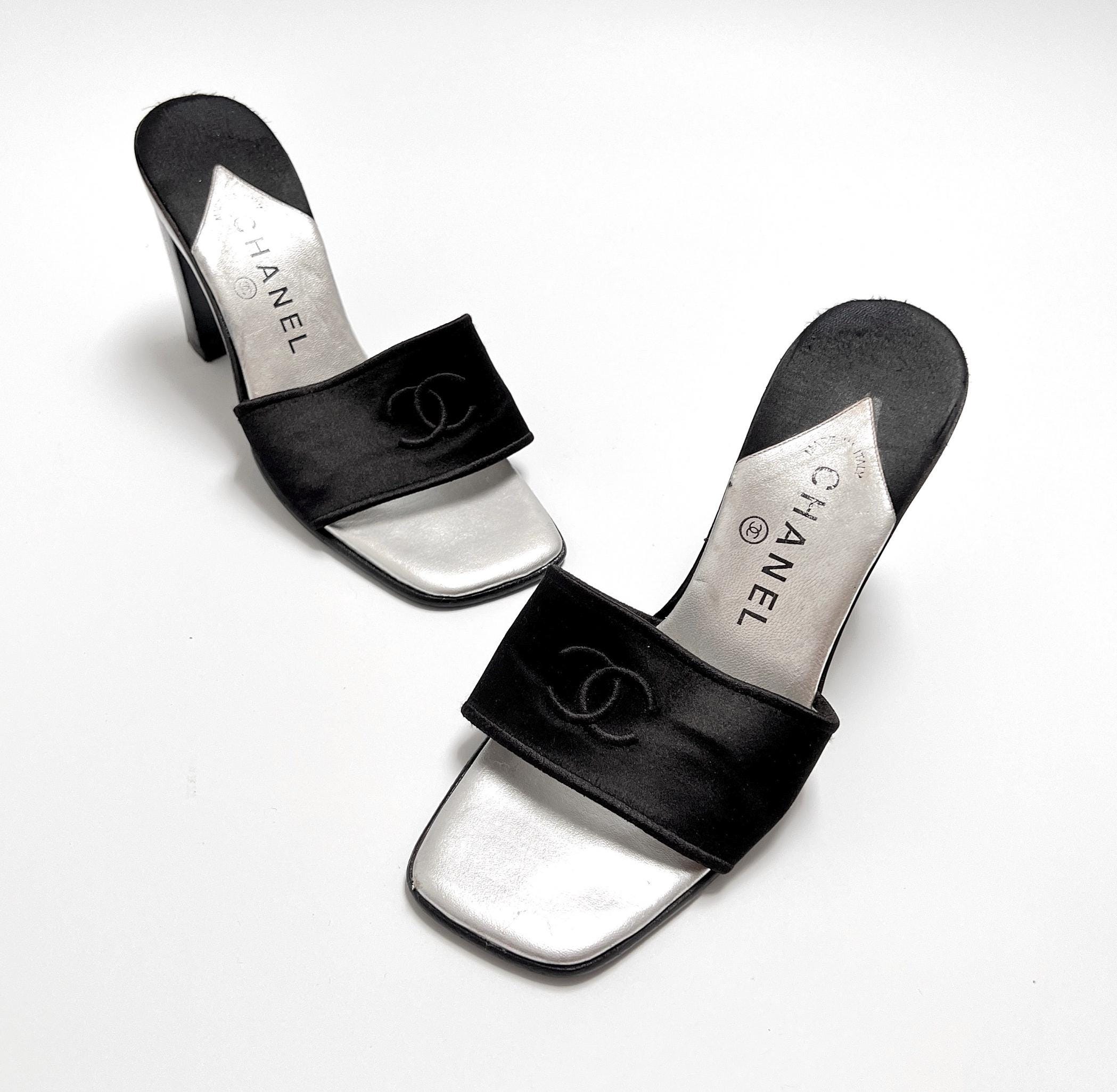 Chanel Heels Mules CC Logo Black Satin Silver Leather