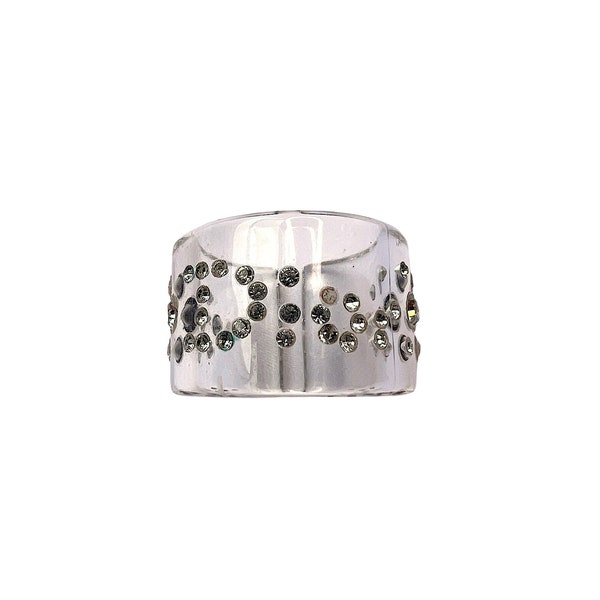 Bague Christian Dior Authentique Lucite Monogramme Logo Plexiglas Cristal Argenté Strass Plastique transparent vintage