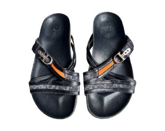 Christian Dior Slides Sandals Flats Monogram Blue Leather Canvas Orange Flight D Buckle Vintage Children's Size 32 / UK 13