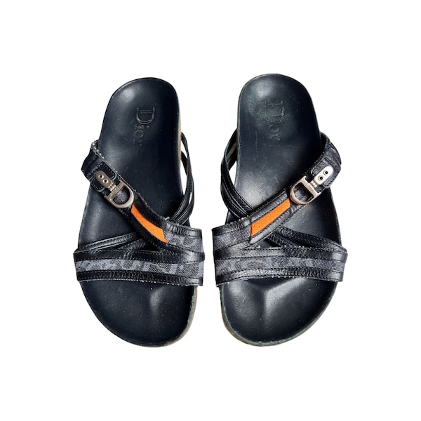 Christian Dior Slides Sandals Flats Monogram Blue Leather Canvas Orange Flight D Buckle Vintage Children's Size 32 / UK 13