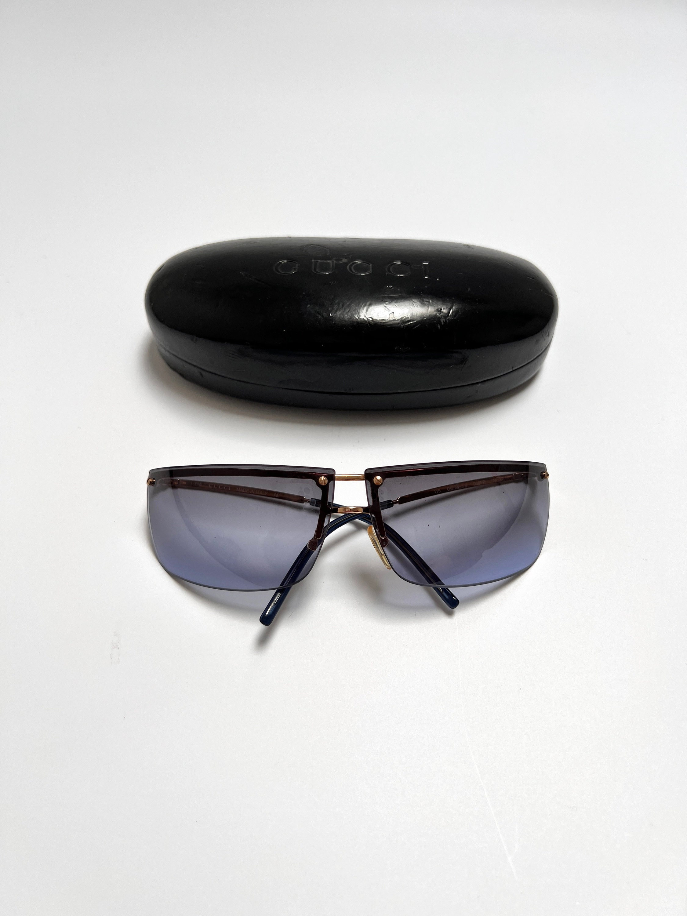 Gucci Sunglasses Rimless GG Rectangle Blue Tinted Gold Metal