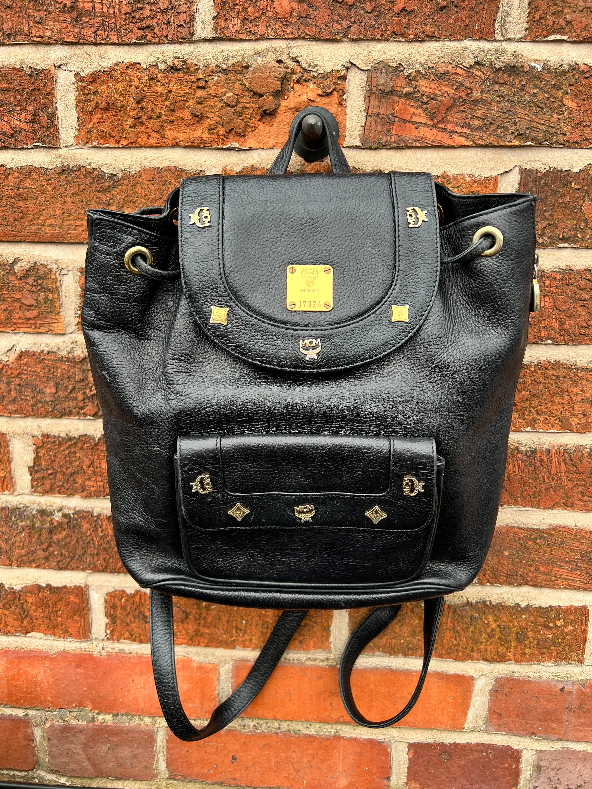 MCM Backpack Black Leather Gold Rucksack Bag Studs Authentic Etsy UK