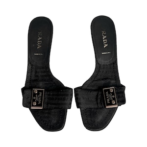 Prada Sandals Slides Kitten Heels UK 3 Black Logo Canvas Vintage Y2K 2000s Authentic Open Toe