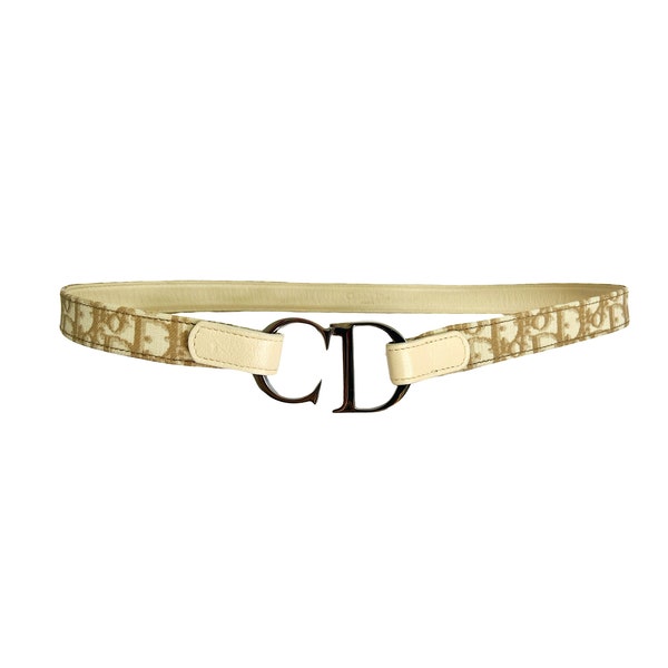 Christian Dior Belt CD Small 34.5" Cream Oblique Monogram Logo Trotter Brown Leather Canvas Silver Buckle Vintage Y2K Authentic Ladies