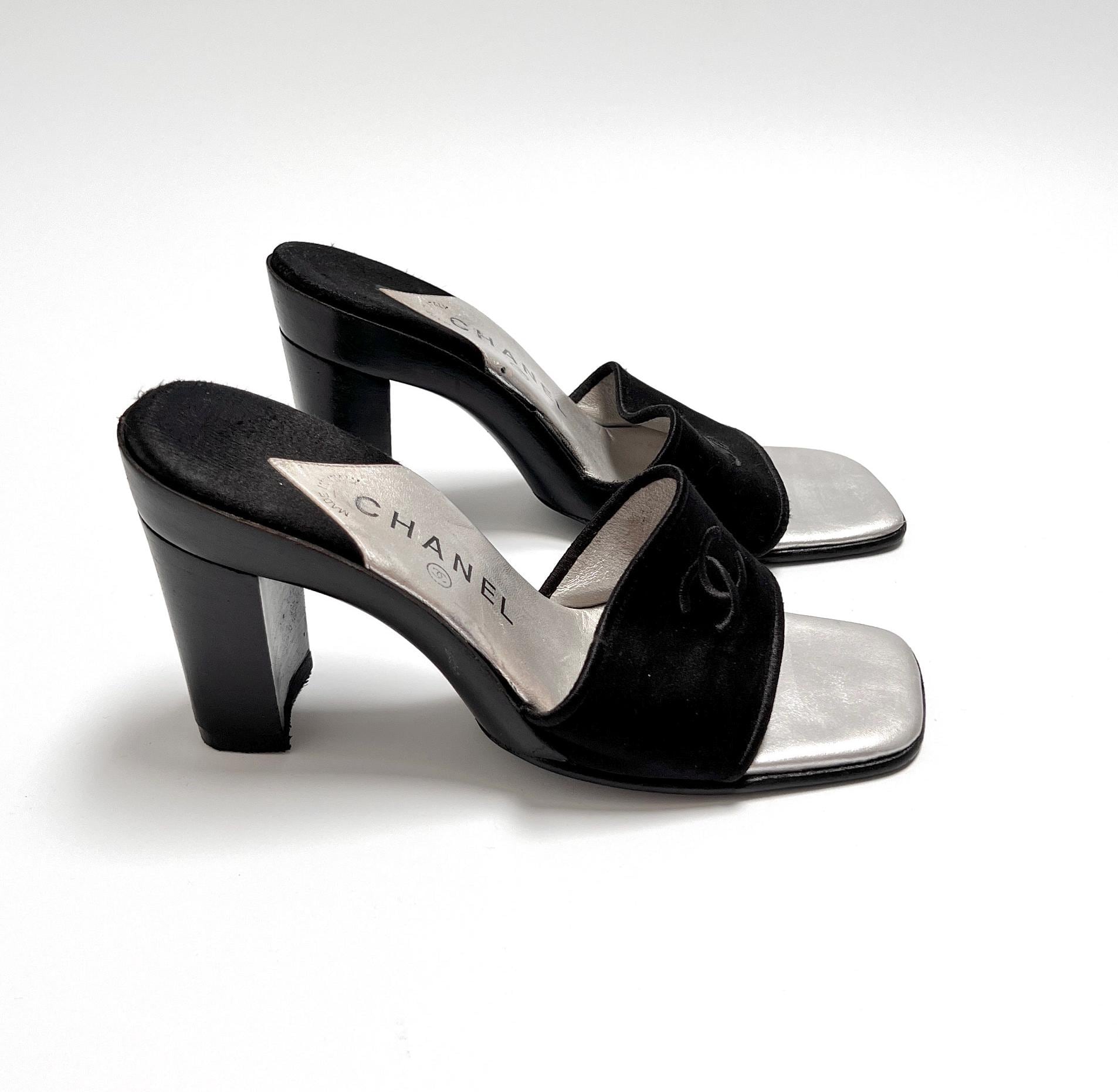 Chanel Heels Mules CC Logo Black Satin Silver Leather
