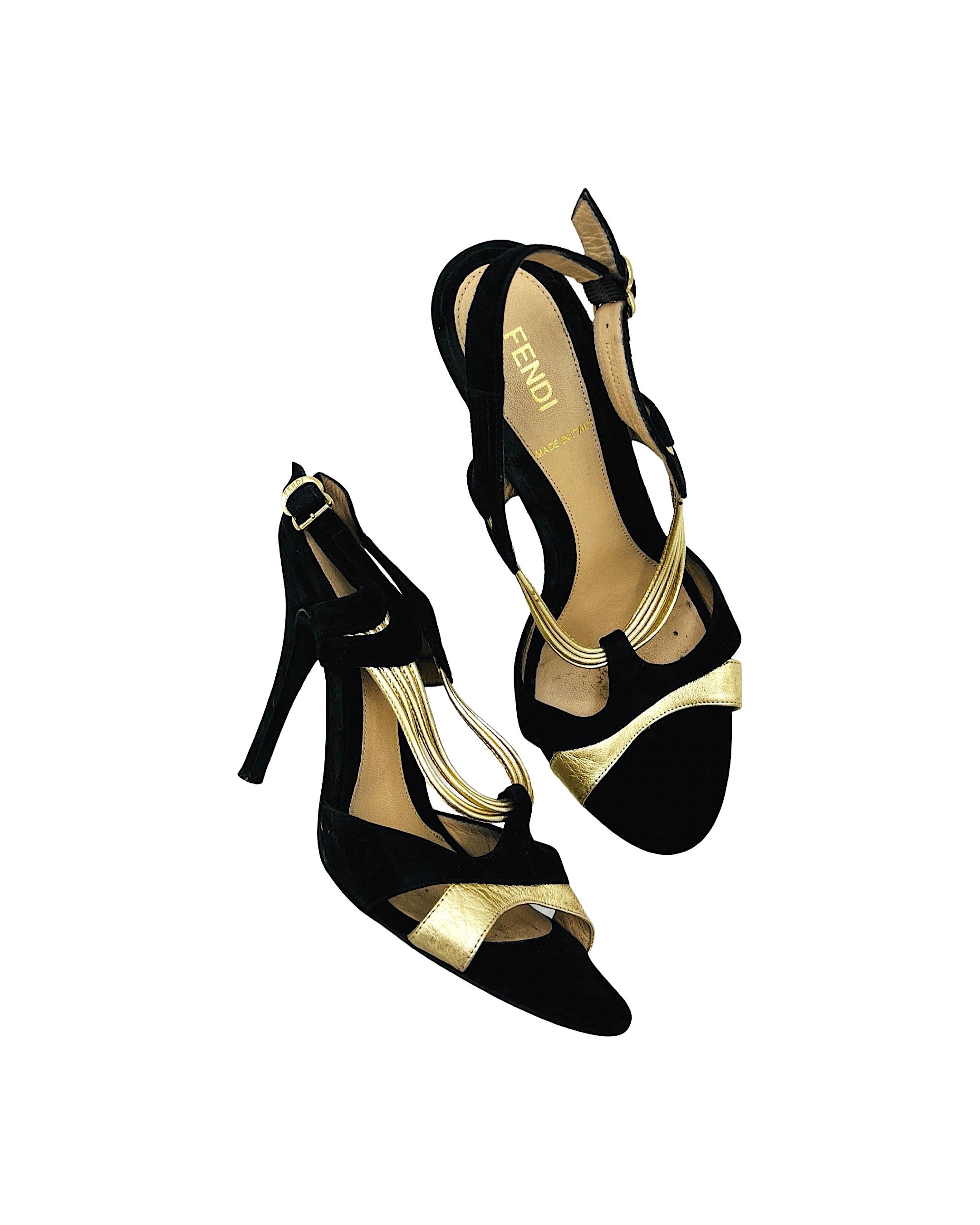 Fendi Heels Sandals 37 4 Authentic Black Suede Gold Leather Open