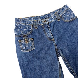 Louis Vuitton Jeans Logo LV 28" Pequeno Monograma Denim Azul Cropped Capri Logomania Feminino Vintage