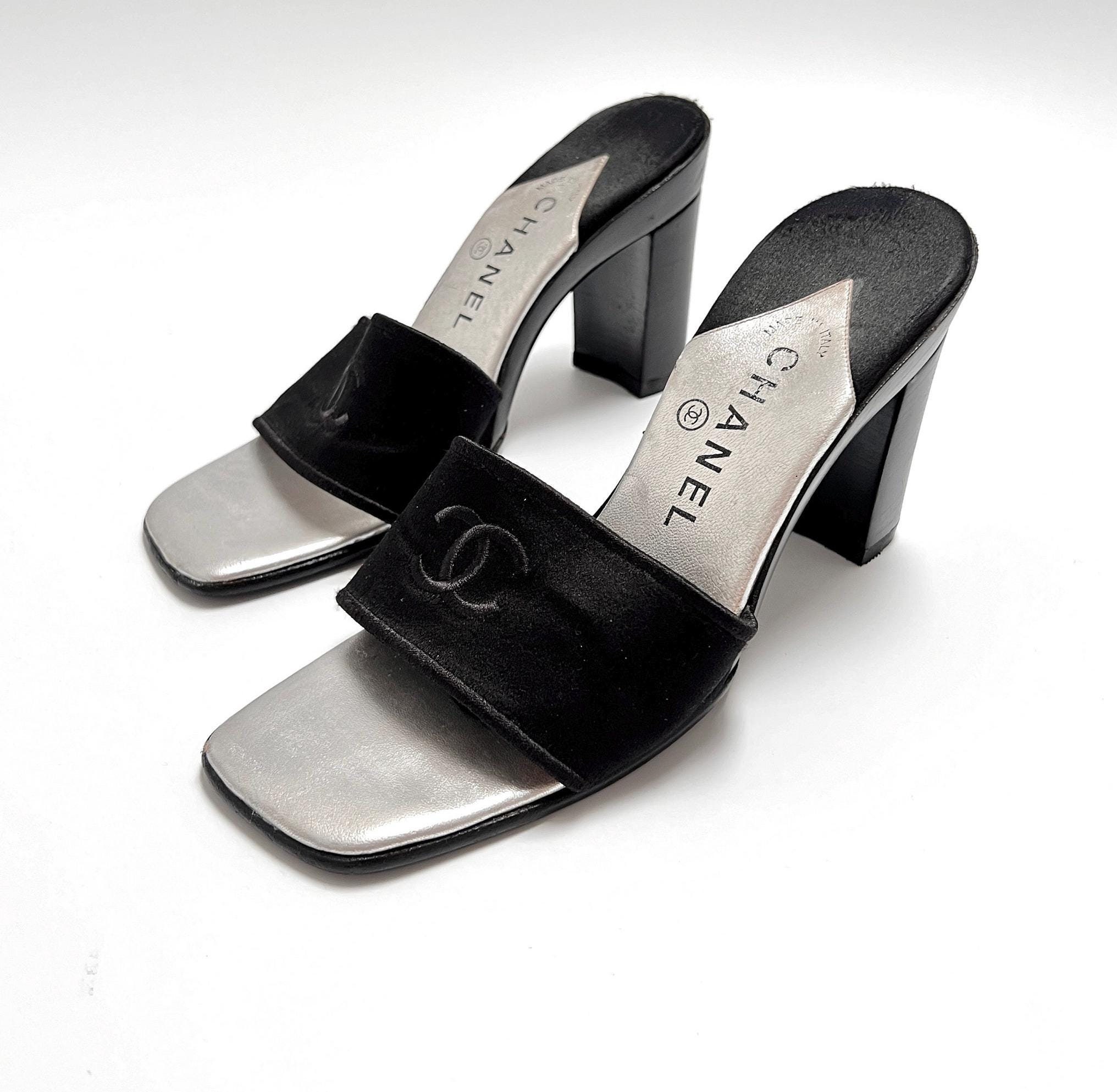 Chanel Heels Mules CC Logo Black Satin Silver Leather Chanel Heels Mules CC Logo Black Satin Silver Leather