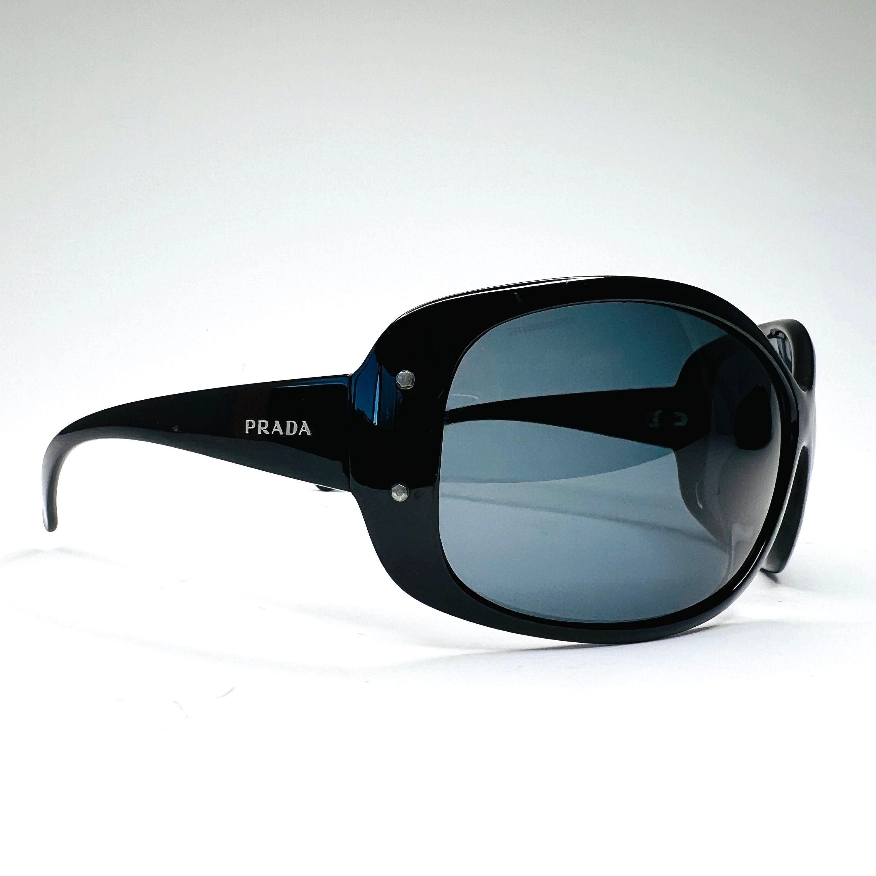 Prada Sunglasses Oversized Round Shield Black Tinted Silver Logo Spr04F Vintage Y2K 90S Authentic