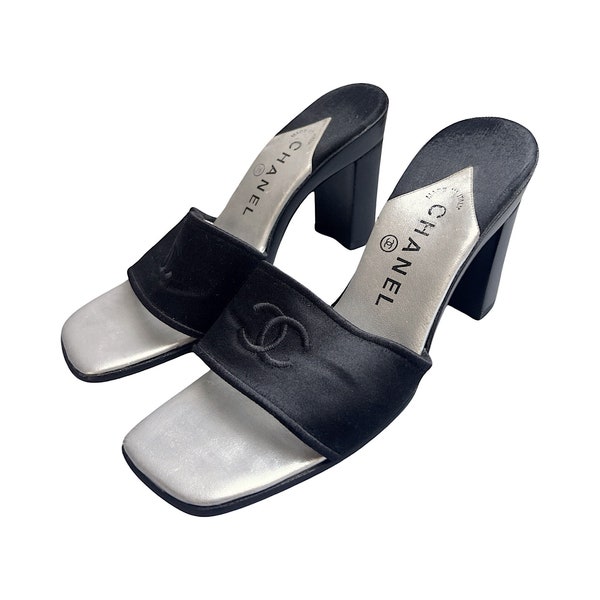 Chanel Heels Mules Authentic 38 / 5 CC Logo Monogram Black Satin Silver Leather Vintage Open Toe Block Heel