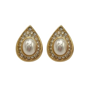 Christian Dior Earrings Pearl Gold Crystal Teardrop Vintage 1980s Authentic