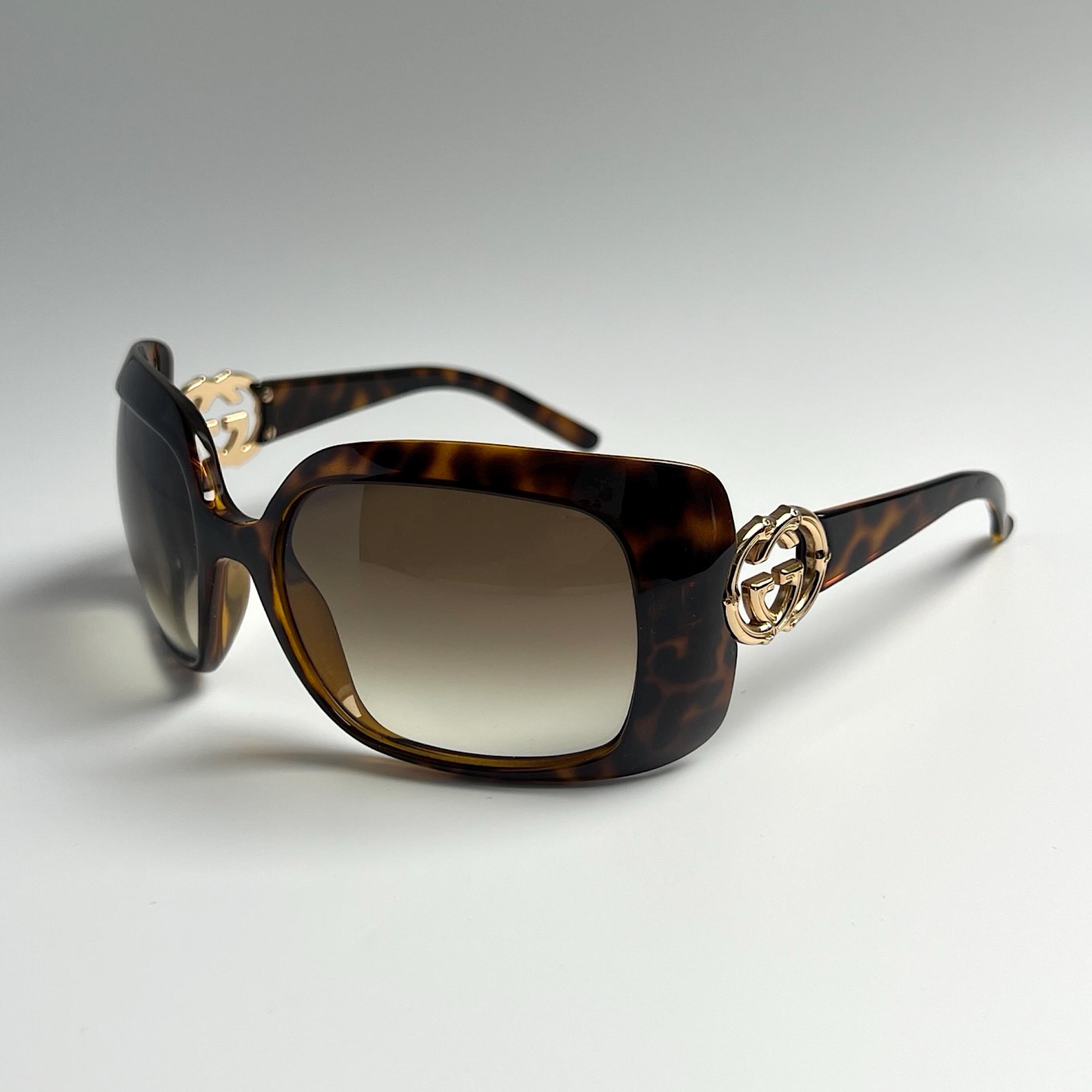 Gucci Oversized Sunglasses Authentic Brown Gold Logo Square Wrap