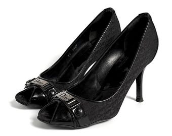 Zapatos de tacón Dior Court Shoes Monogram Black Logo 38.5 / 5.5 Canvas Leather Authentic Peep Toe Silver Buckle Stiletto Vintage Y2K