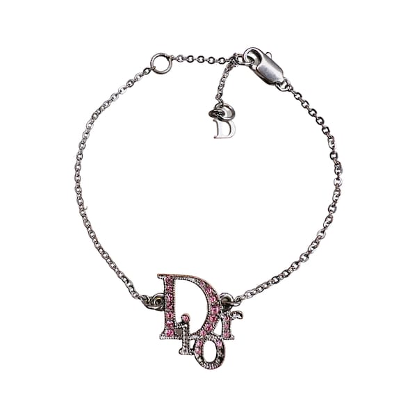 Dior Bracelet Monogram Silver Pink Crystal Logo Chain Metal Vintage Y2K Authentic Christian Dior