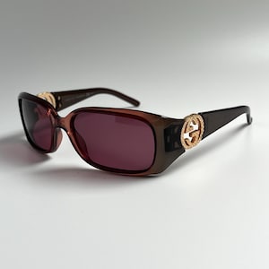 Gucci Sunglasses Wraparound Authentic Rectangular Burgundy Pink Brown Gold Logo GG 3504 WOOF Vintage Y2K 2000s Wrap