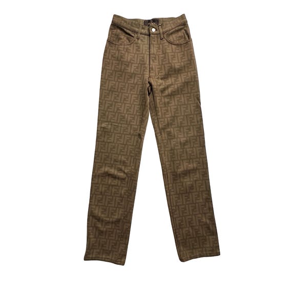 Fendi, Fendi Zucca Trousers in Zucca Monogram Khaki Green Straight Leg Slim High Waisted Jeans Zucchino Logo Y2K 2000s Vintage