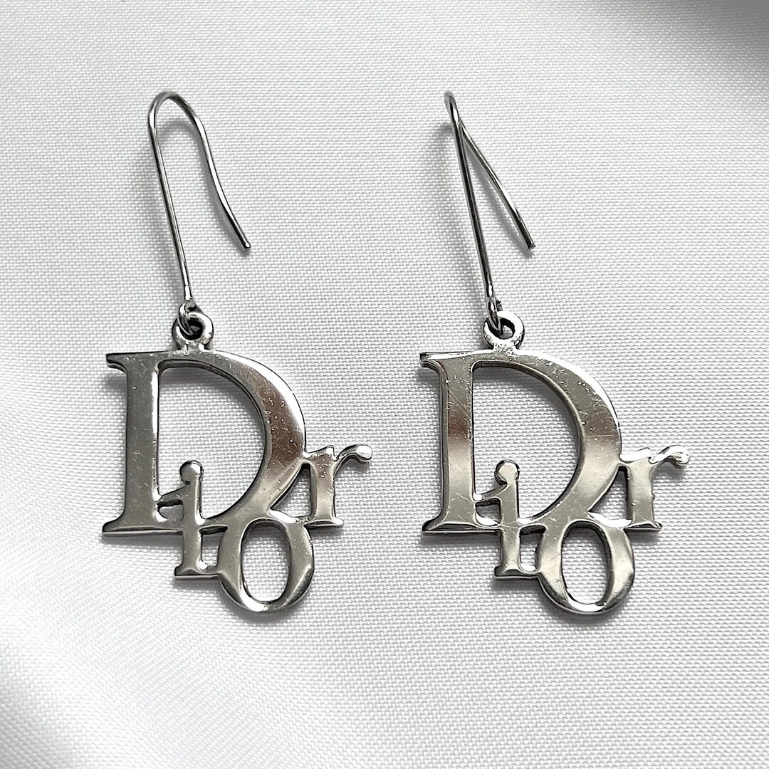 Dior Earrings Logo Silver Vintage Monogram Oblique Charm Metal