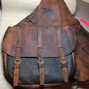 Old Military Style Leather Horse Saddle Bag Made On Oil Pull-Up Leather.