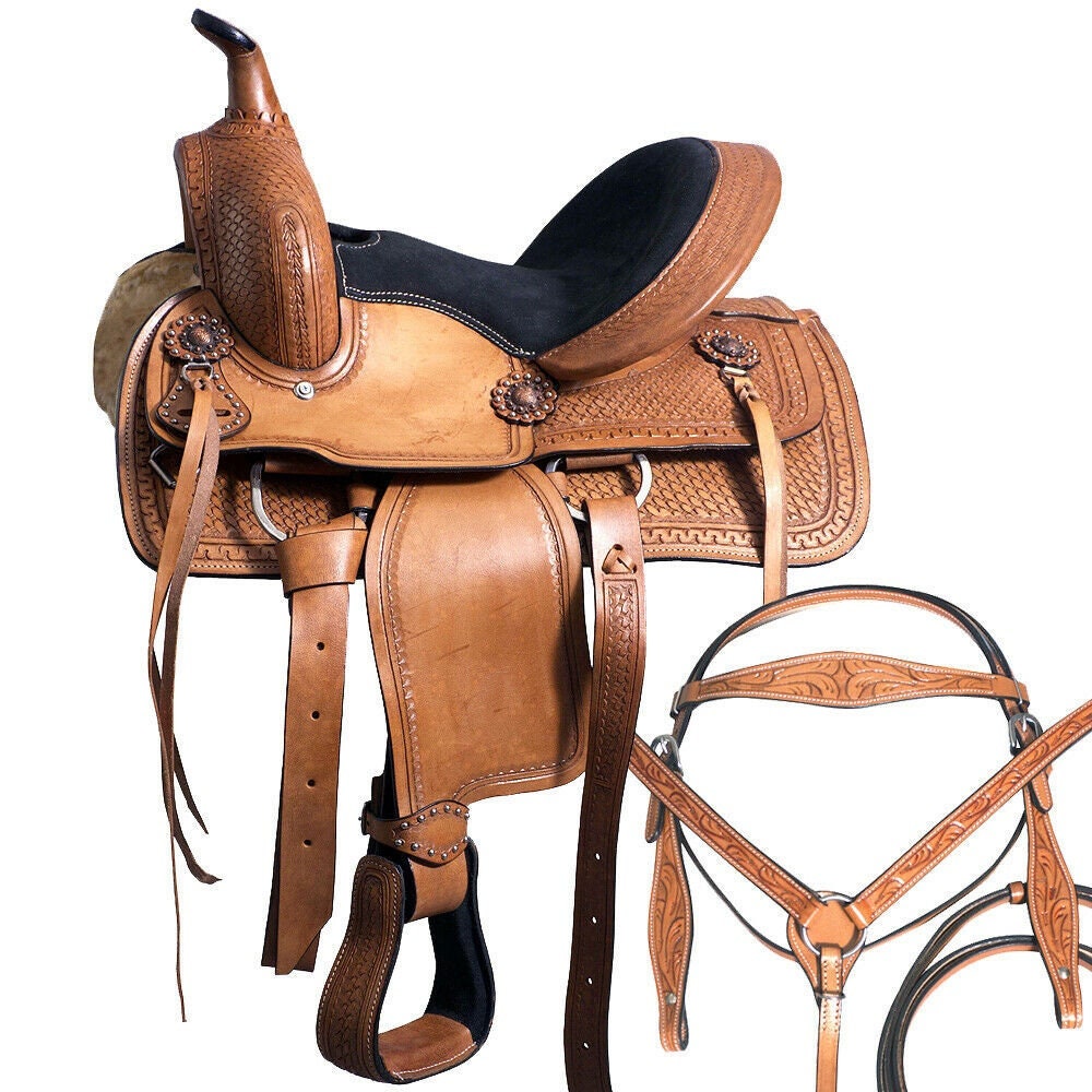 Reins Y&Z Enterprises Premium Leather Western Barrel Racing Horse Saddle Tack Size 14 to 18 Inches Seat Available Get Matching Leather Headstall Breast Collar 