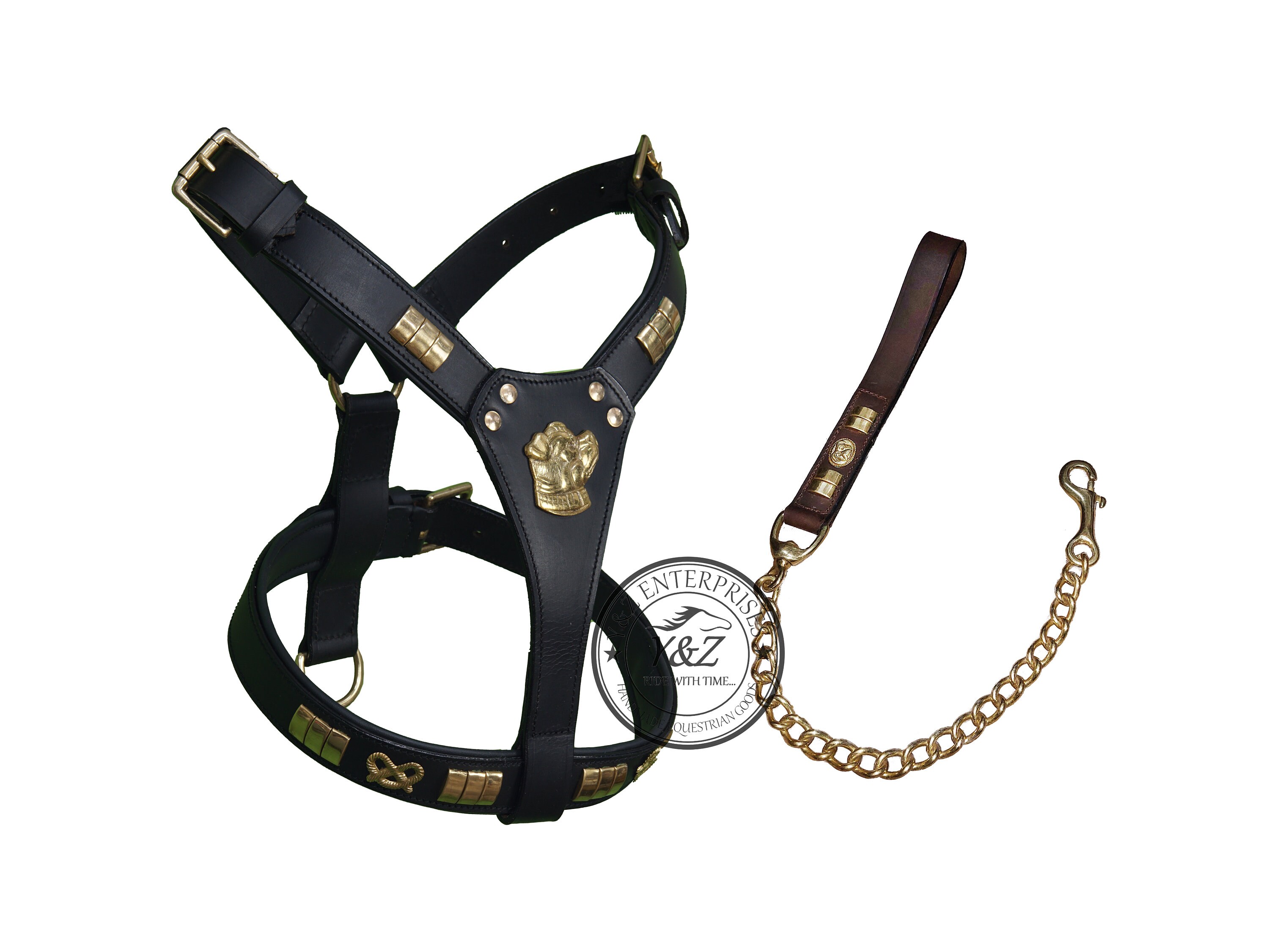 Staffy Face Staffordshire Bull Leather Studd Dog Harness Chain Lead Set