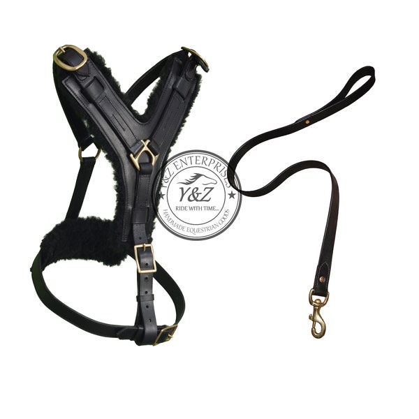 Bull Dog Leather Fur Padded Harness with Leash Set Black