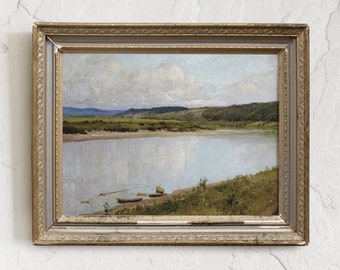 Vintage Lake Scenery Print: River Landscape with Boats # 3