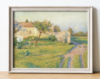 May include: A framed painting depicting a rural landscape with a farmhouse, trees, and a dirt road leading into the distance. The painting is done in a soft, impressionistic style with muted colors.