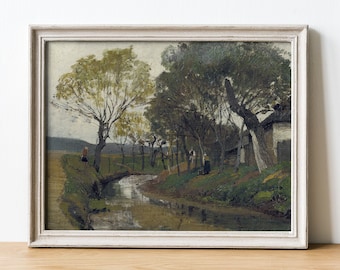May include: A framed oil painting depicting a rural landscape with a winding stream, trees, and a small house in the background. The painting is done in a muted palette of greens, browns, and blues.