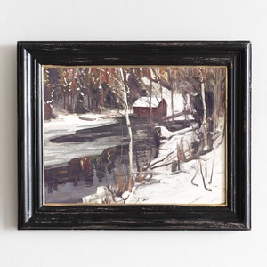 Winter Forest Landscape, Cabin Landscape, River Painting, Snow Painting, Winter Decor # 56