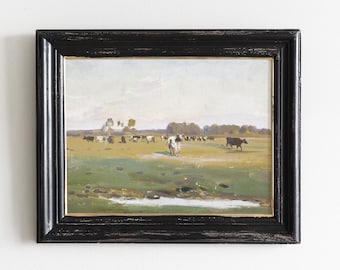 Farmhouse Cows Painting, Rustic Cow Art, Country Landscape Print # 214