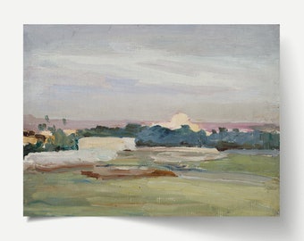 May include: A painting of a landscape with a river and trees in the foreground. The sky is a light blue with a few clouds. The sun is setting in the distance, casting a warm glow on the scene.