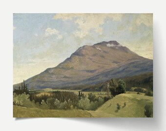May include: A painting of a mountain range with a cloudy sky. The mountain is a dark brown color and the sky is a light blue with white clouds. The foreground is a green field with trees.