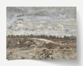 May include: A painting of a landscape with a cloudy sky and a dirt road leading through a field of brown and green brush. The sky is a light blue with white clouds.