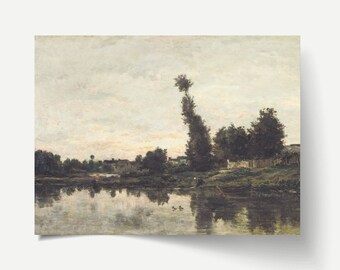 Vintage River Landscape Print: Riverside Cottage Painting # 35
