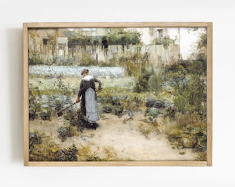 May include: A painting of a woman in a garden, wearing a long dress and holding a gardening tool. The garden is filled with plants and flowers, and there are buildings in the background.