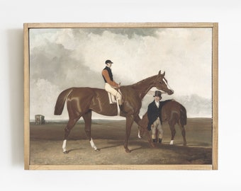 May include: A painting of a brown horse with a jockey riding it. The horse is standing in a field with a cloudy sky in the background. A man in a top hat is standing next to the horse.