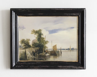 River Landscape Painting, Vintage Cottage Scene # 113