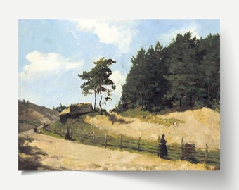 May include: A painting of a rural landscape with a small cottage, a winding path, and a group of trees in the background. The sky is blue with white clouds. The scene is painted in a realistic style with muted colors.